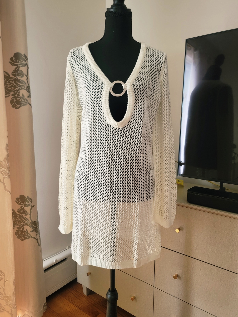 ANRABESS Crochet Knit O-Ring V-Neck Long Sleeve Beach Swimsuit Cover Up - Size L